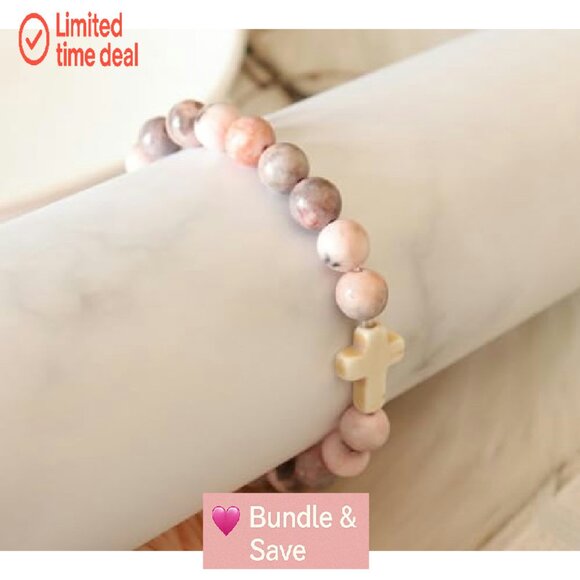 Natural Stone Cross Bead Bracelet, Stretch Fit, Christian Gift - Picture 7 of 8